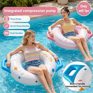 Thickened Inflatable Swim Ring for Adults, PVC Pool Float with Integrated Press Pump for Quick Inflation, Dual Side Handles for Secure Grip, Portable Outdoor Water Hammock,Inflatable Floating Lounge Chair, for Swimming Pool, Beach and Lake Relaxation