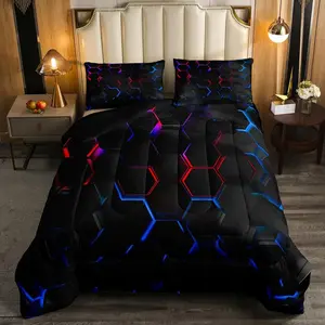 3D Honeycomb Comforter, Black Red Blue Abstract Geometric Comforter Set,Stereoscopic Hexagon Beehive Bedding Set,Hexagonal Quilt Set