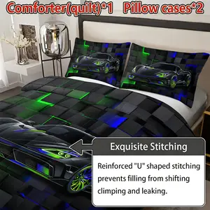 3pcs Geometric Patchwork Racing Quilt Set (1 Quilt + 2 Pillowcases), Soft Breathable Digital Print, Bedroom Dorm Home Pattern