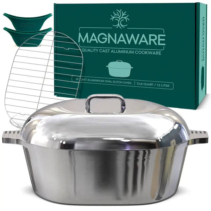 MAGNAWARE Oval Dutch Oven with Lid 12.6 Quart 18 Inch Lightweight Cast Aluminium Cookware Set with Silicone Covers for Cajun Cooking