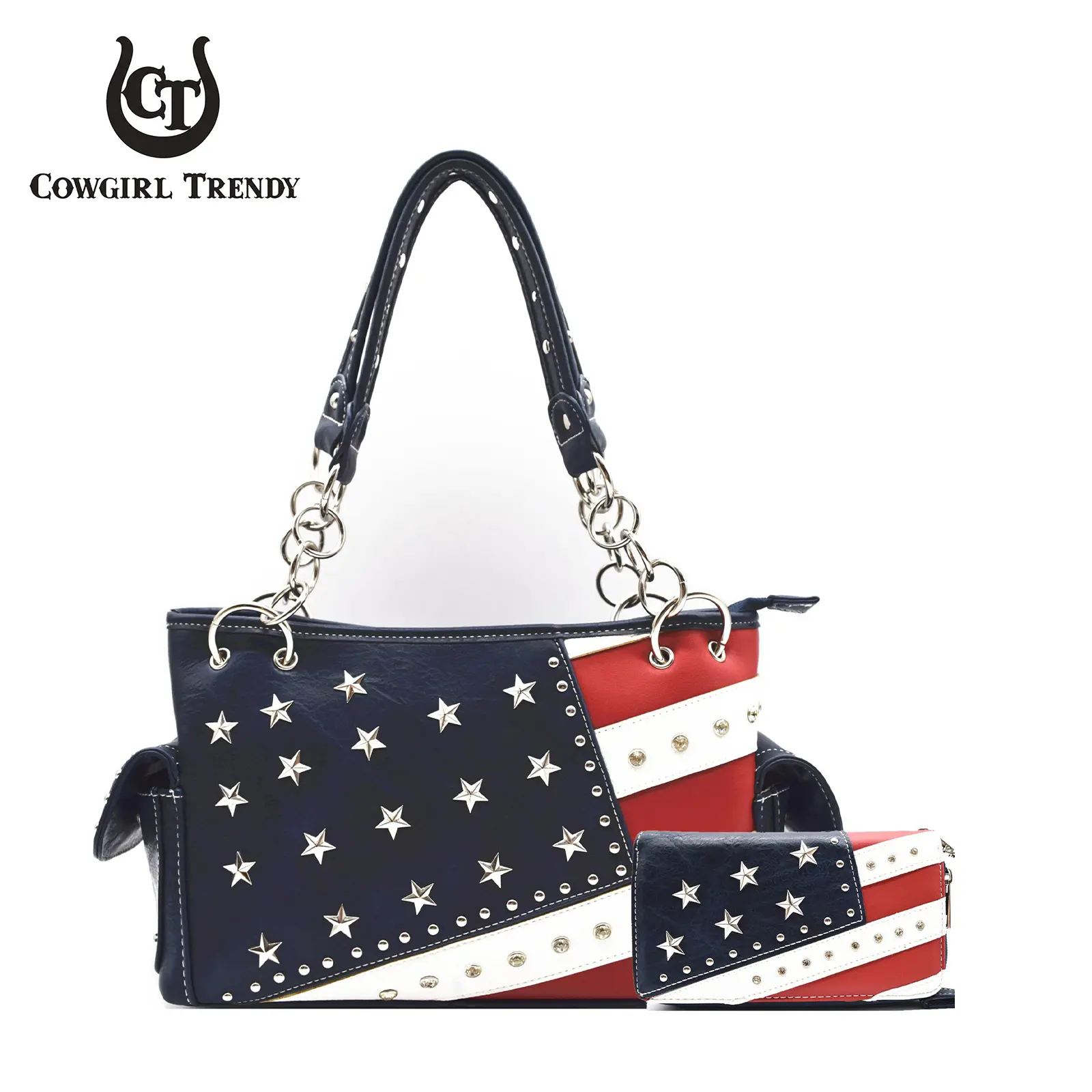 Women's American Flag Star Studded Rhinestone Shine Cowboy Crossbody & Shoulder Bag with Free Matching Wallet, Cowboy Women's Crossbody & Shoulder Bags