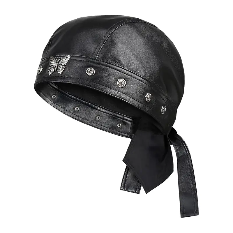 Biker Cap for Women Men Unisex Leather - Adjustable Motorcycle Butterfly Cap, Stylish Biker Doo Rag Headwrap for Riding & Outdoor Activities