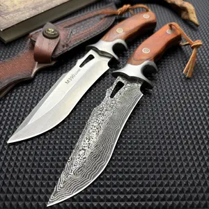 Damascus steel straight-edge utility knife with wooden handle and leather sheath, a multi-functional tool for outdoor and kitchen food preparation