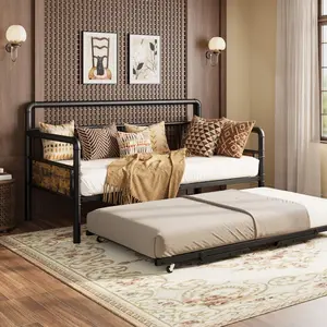 Black Twin Daybed and Foldable Metal Trundle Bed, Metal Twin Bed Frame Heavy Duty Steel Slats Support,Sofa BedFrame for Living Room, Guest Room,Noise Free