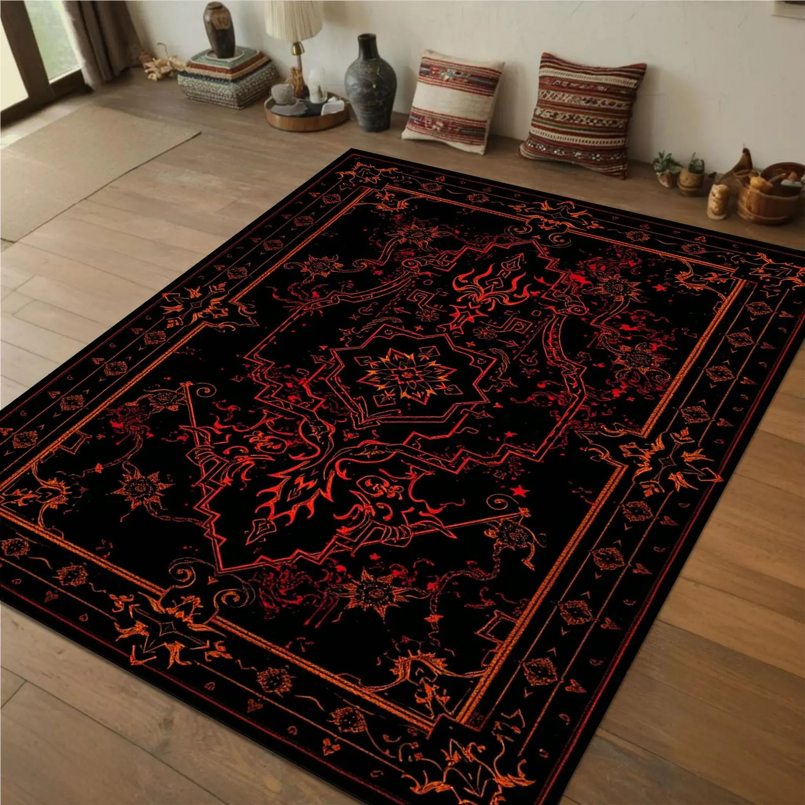 Mystic Red and Black Rug with Bold Gothic Patterns, Black Mystic Dark Rug with Fiery Red Ornamental Design, Occult Rug, Witchcraft Rug