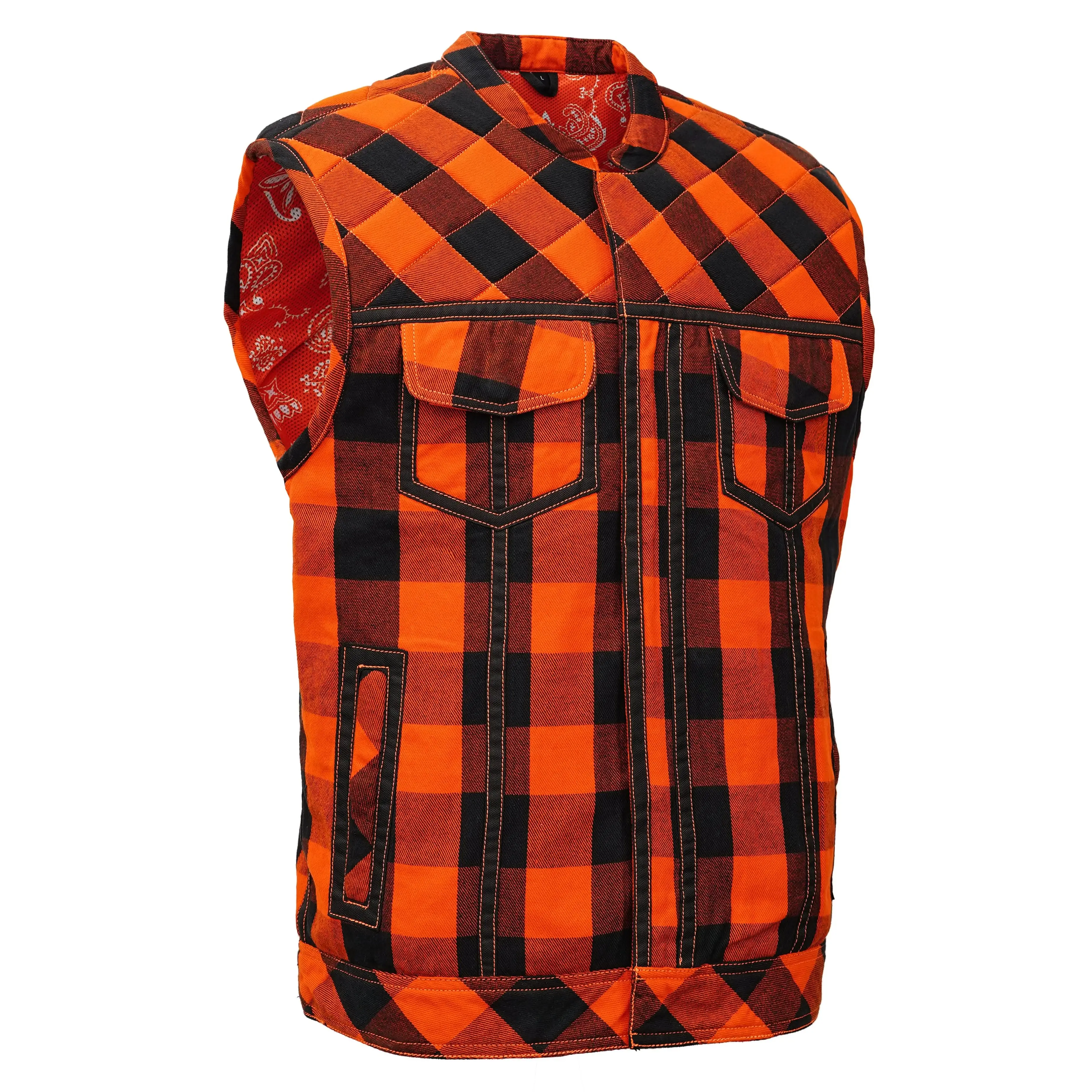 RENEGADE CLASSICS Men's Rogue Inferno Black & Orange Paisley Lightweight Cotton Flannel Biker Vest - Concealed Carry Pockets, Hidden Zipper, Embroidery, Snap Buttons, Heavy Duty Thread (S, 2XL, 3XL)