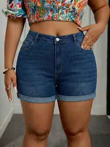 Women's Plus Size Denim Shorts, Washed Elastic Comfortable Fabric, Summer Fashion Essential, Casual Elegant Zipper Fly Jeans