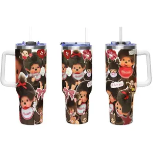 Vintage Monchhichi 40oz Tumbler with Handle and Straw, Cute Monkey Doll Aesthetic Insulated Cup, Retro Japanese Cartoon Character Travel Mug, Stainless Steel Vacuum Flask, Heart and Bow Design Water Bottle, Gift for Monchhichi Fans and Girls, 40 oz