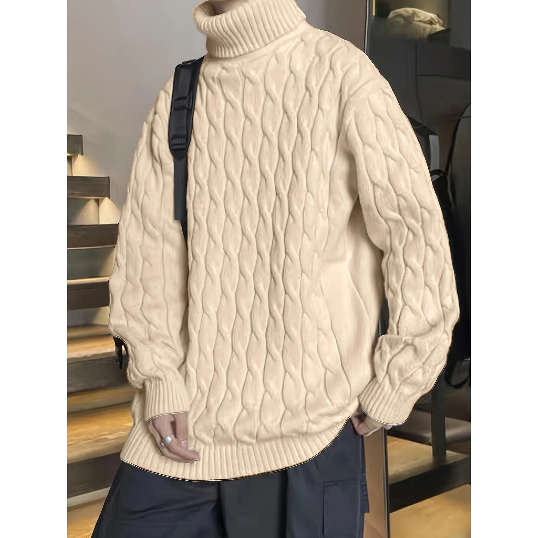 Men's Knitwear Sweater, Plus Size Casual Loose Fit Acrylic Top, Plain Solid Long Sleeve for Big & Tall Guys