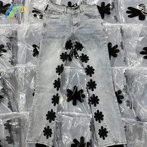 Hip Hop Splicing Patchwork Black Sunflower Embroidery Denim Pants Men Women Light Blue Jeans Trousers With Tag