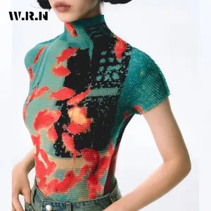 Women's Elegant Vintage Chinese Style Goldfish Pixel Print Mesh Blouse - Short Sleeve, Slim-Fit Mock Neck, Textured Bubble Grid, See-Through Everyday Casual Streetwear Top Jeans Jeans Piece Shirts Womenswear Shortsleeve Piece Shirts Womenswear