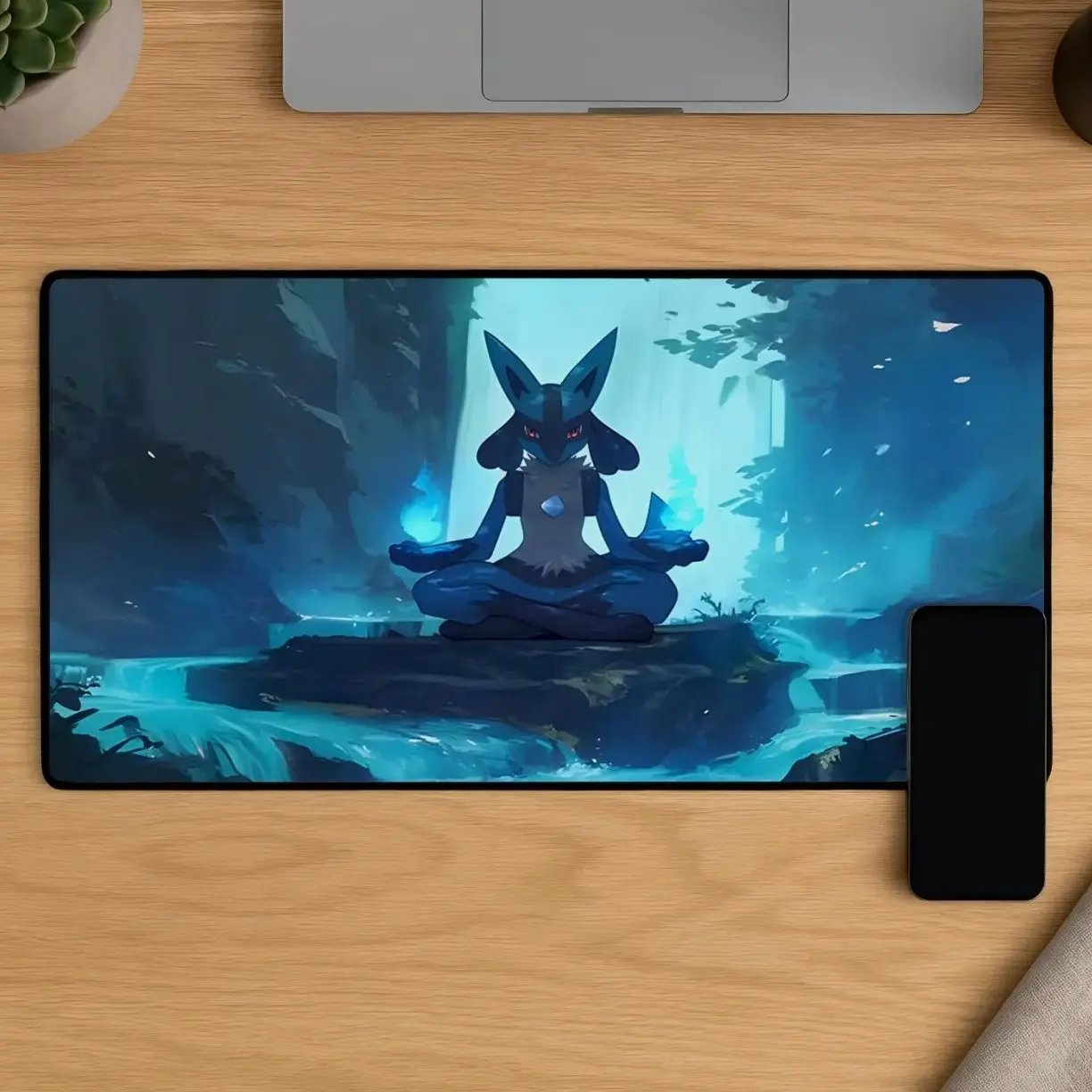 Lucario Mouse Pad, Aura Gaming Mat, Anime Fighter Mousepad, Blue Desk Setup Decor Gift for Fans