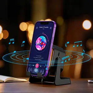 Black Wireless Bluetooth Portable Speaker Stand - 5-in-1 USB Type-C Charging Holder, 1500mAh Built-in Battery, 360° Adjustable Phone/Tablet Stand, Colorful Ambient Light, Adult Gift