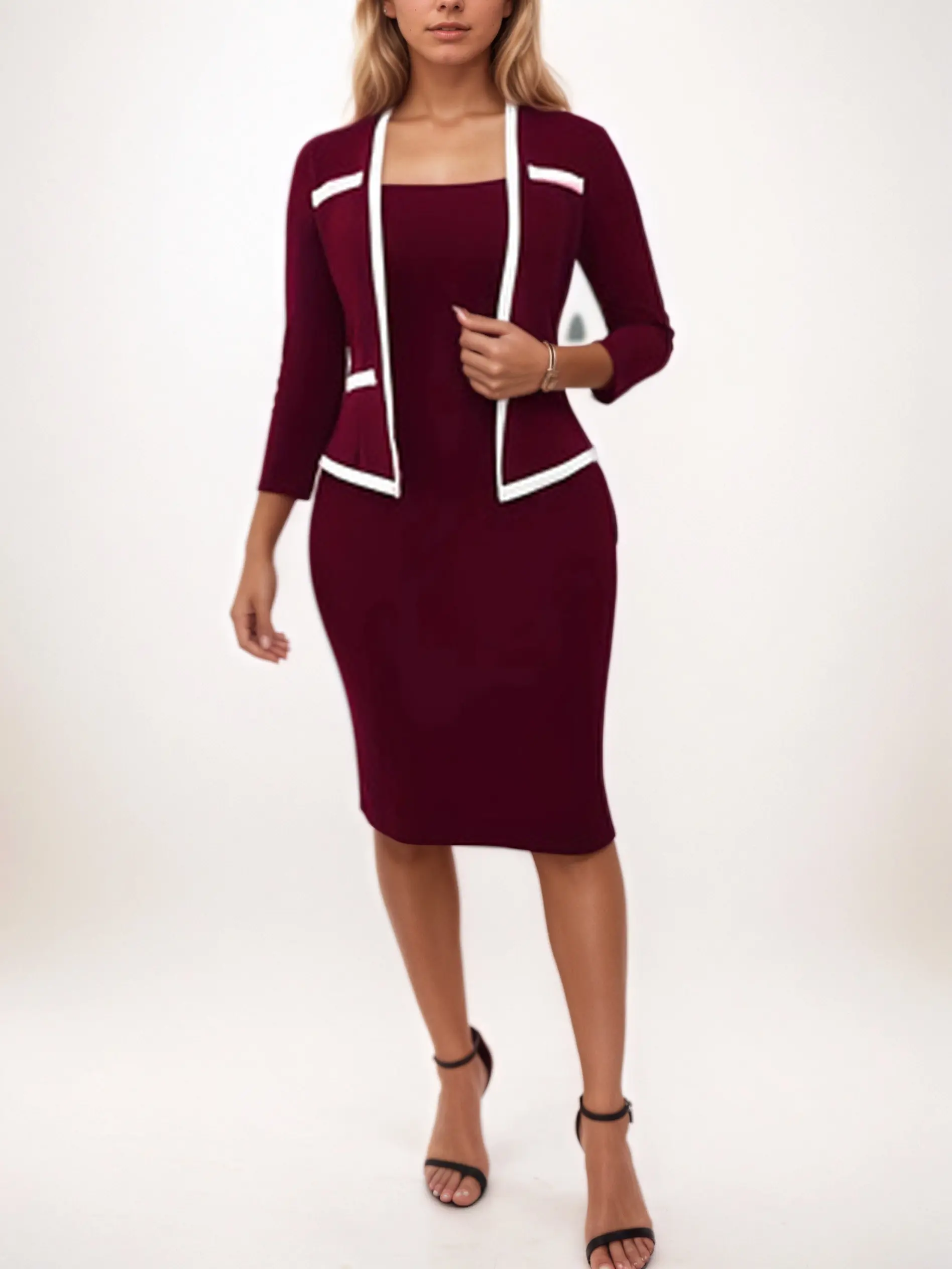 Women's 2025 Chic 2-in-1 Contrasting Slim-Fit Longsleeve Formal Dress - Workwear, Office Wear, Formal Wear, Longsleeves