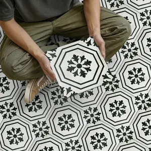 Vintage Deep European Scroll Pattern Floor Tiles, Waterproof Self-Adhesive, Tenant-Friendly Removable, Easy Clean Matte Surface