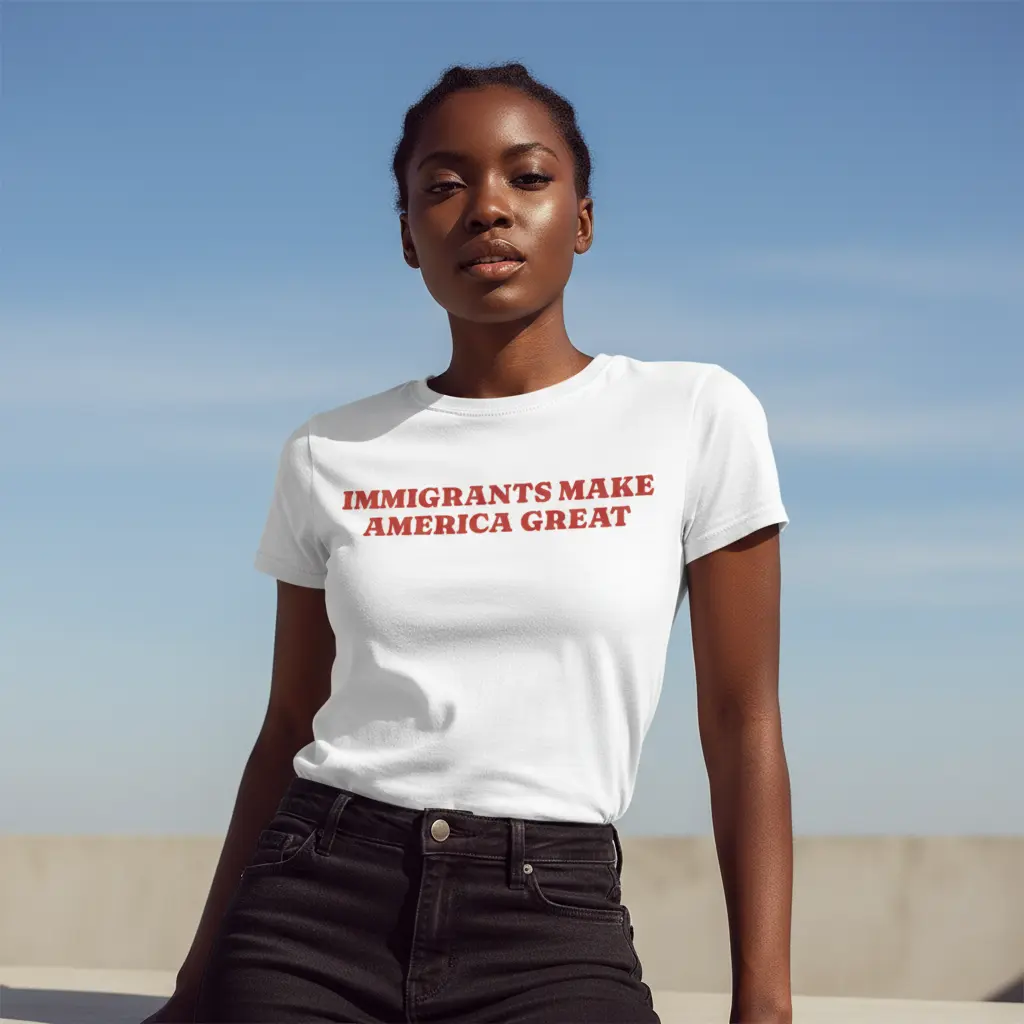 Women's Immigrants Make America Great Graphic T-Shirt - White Short Sleeve Crew Neck Regular Fit Casual Wear |   Soft & Breathable Fabric, Durable Print, Everyday Comfort, Machine Washable, casual urban indoor home