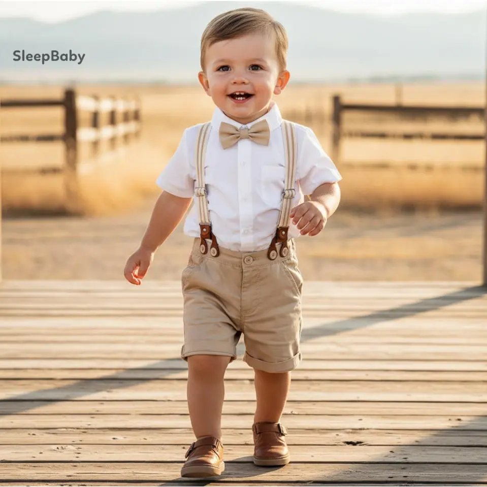 Toddler Boys Formal Romper with Lapel Toddler Boy Shorts Set Solid Color Short Sleeve Button Shirt with Suspend Shorts 2Pcs Gentleman Outfit