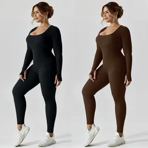 Women's High-Waisted Ribbed Bodycon Jumpsuit - Stretchy Long Sleeve Boat Neck Slim Fit with Ribbed Texture Solid Color All-Season Versatile for Casual & Formal Wear Bodysuit Long Sleeve Fitness Sport Outfits - Workout Gym Clothing
