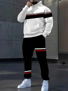 Men's Fashion Striped 3D Printed Long Sleeve Fitted Hoodie and Drawstring Sweatpants Set, Casual Running Workout, Athletic Fashion Activewear, Two-Piece Top and Pants Combo, Athleisure Set, Athleisure Tracksuit Outfit