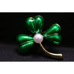 St. Patrick's Day Three Leaf Clover Brooch Pin With Pearl, Enamel Shamrock Pin, IRISH Jewelry Gift