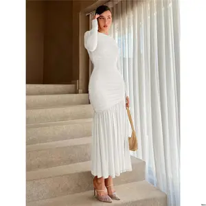 Pleated Sleeve Round Women Aloruh s Neck Long Dress