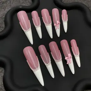 Barbie Pink Milk White Lock up! Pearl bow long pointed nail art, this naked pink pearl nail art really hits me, gentle feeling is full