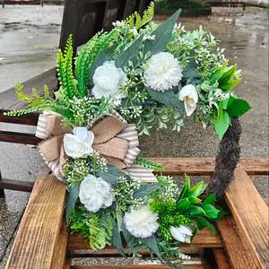 Farmhouse Style Front Door Wreath, Artificial Flower Wreath, Roses, Eucalyptus Leaves, Jute Bow Greenery Wreath, Spring Summer Fall Decoration
