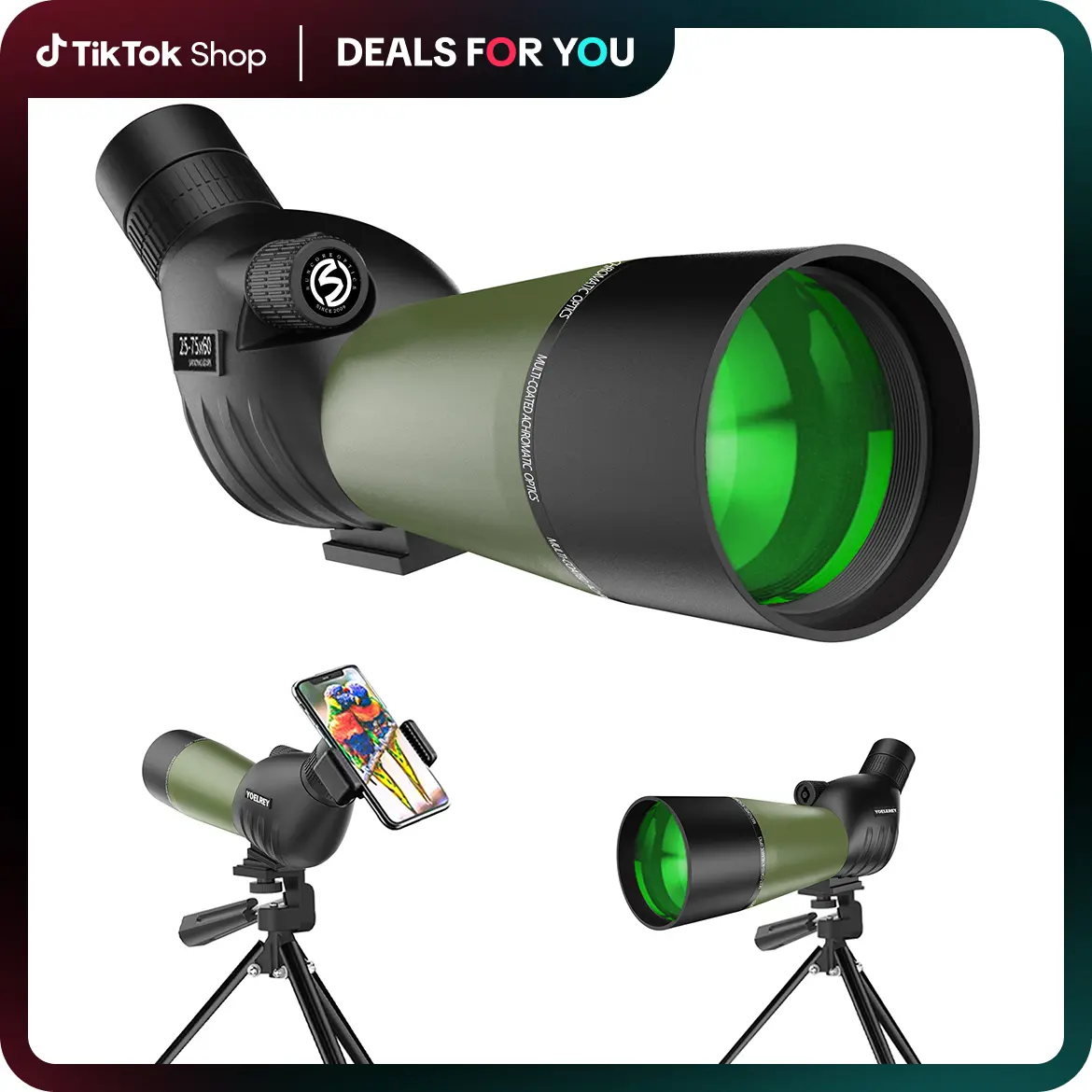 Yoelerey Updated 25-75x60 Spotting Scopes with Tripod, Carrying Bag and Quick Phone Holder Green Yoelerey Updated 25-75x60 Spotting Scopes with Tripod, Carrying Bag and Quick Phone Holder Green