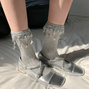 2 pairs of gray socks for women, spring/summer, miu style, ballet-inspired, star-tassel, fine glitter, mid-calf socks, unique and fashionable, wide-striped cotton socks