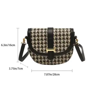 Women's Houndstooth Pattern PU Leather Saddle Bag, Solid Color Flip Top Crossbody Bag With PU Strap PU Leather Canvas Canvas Black Brown Striped Striped Navy Striped Striped Navy Brown Black Polka Dot PU Leather Canvas Plain Floral Striped