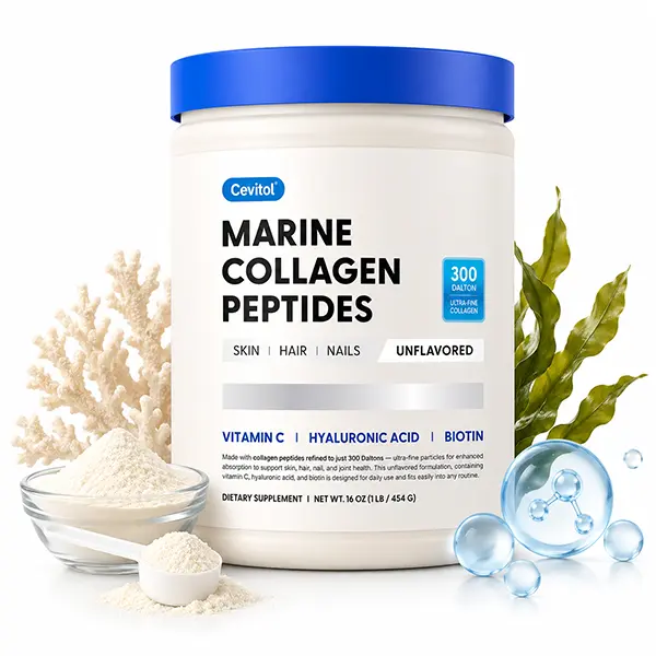 Marine Collagen Peptides Powder with Hyaluronic Acid, Biotin & Vitamin C, Hydrolyzed Unflavored Collagen for Skin Hair Nails & Joints, Non-GMO, 16 oz