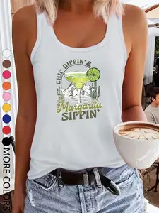 Summer New Lemonade Creative Simple Print, Tropical Style Bestseller, Casual Sport Sleeveless Women's Tank Top, Round Neck, Multi-Color Options