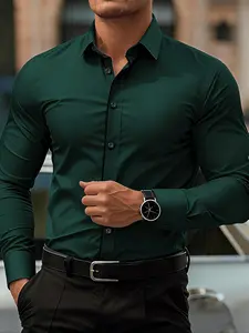 Men's Dark Colorblock Long Sleeve Shirt, Business Casual Versatile, Twill Fabric Comfort, Fitted Style, All Seasons Wear