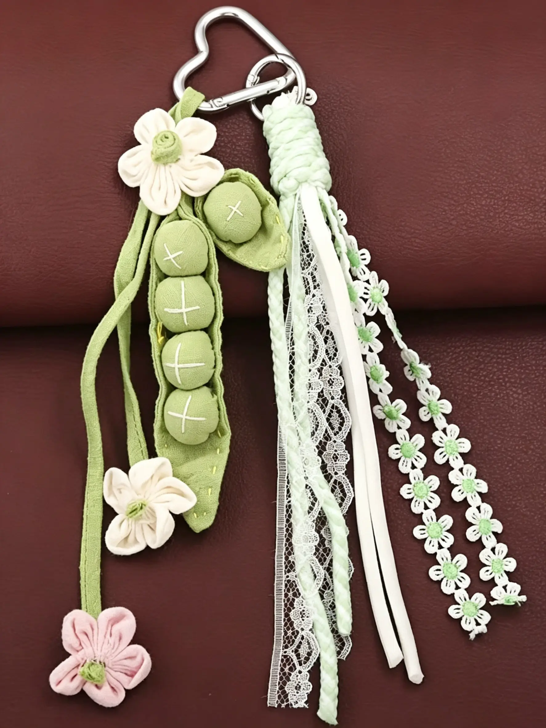 Bag Charm Handmade Fabric Pea Pod & Flower Lace Keychain Multiple Colors Available Woven Tassel Charm Handmade 3d Pea Pod Openwork Lace Woven Hanging Ornament Forest-Inspired Gentle Style For Bags, Bag Charms For Handbags