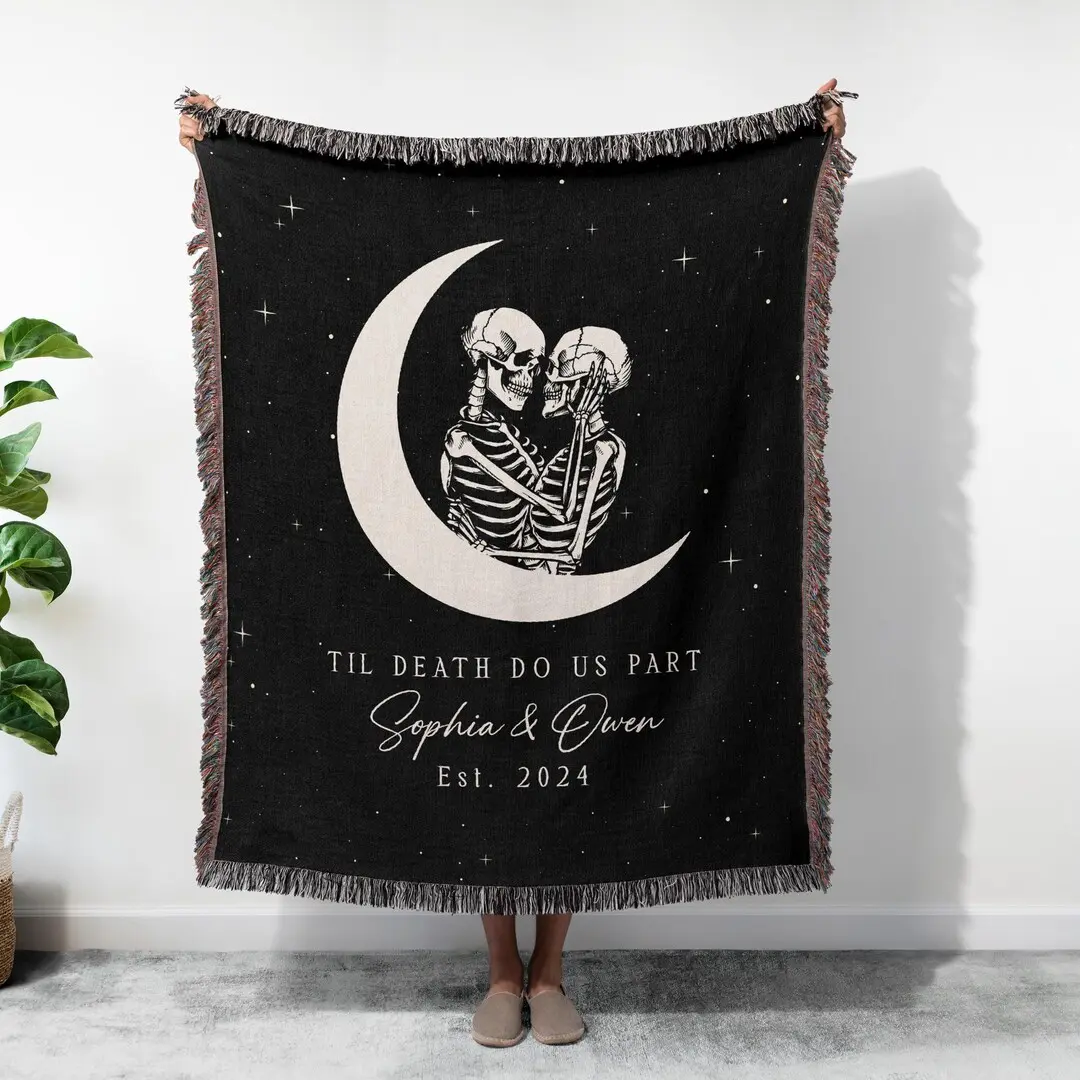 Custom Couple Skeleton Woven Blanket, Valentines Day Gift, Custom Goth Spooky Halloween Gifts Skeletons, Til Death Do Us Part