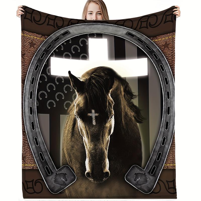 1 piece horse print flannel blanket, gift square blanket soft and comfortable, suitable for adults for home picnics and travel
