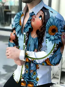 Men's Cartoon Girl Sunflower Print Breathable Lapel Long-Sleeve Cardigan