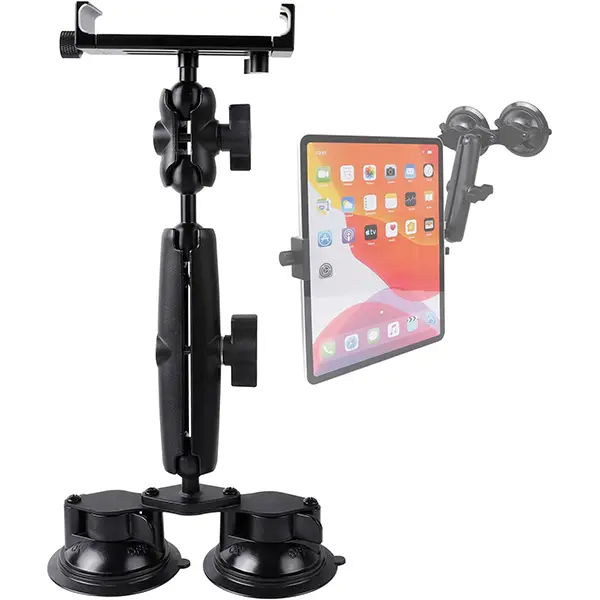 Aluminum Tablet Holder for All iPad, 360° adjustable Secure Double Suction Cup Mount for Car Truck Windshield,Sunroof, Compatible with iPad Pro 12.9 Mini Air, Galaxy Tabs and 4.7-15" Tablets