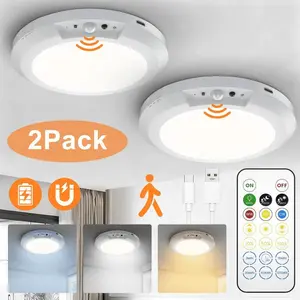 2Pack Portable Rechargeable Motion Sensor Ceiling Light with Remote - Magnetic Wireless Ceiling Light Battery Powered for Closet Shower Stairs Shed Hallway ect
