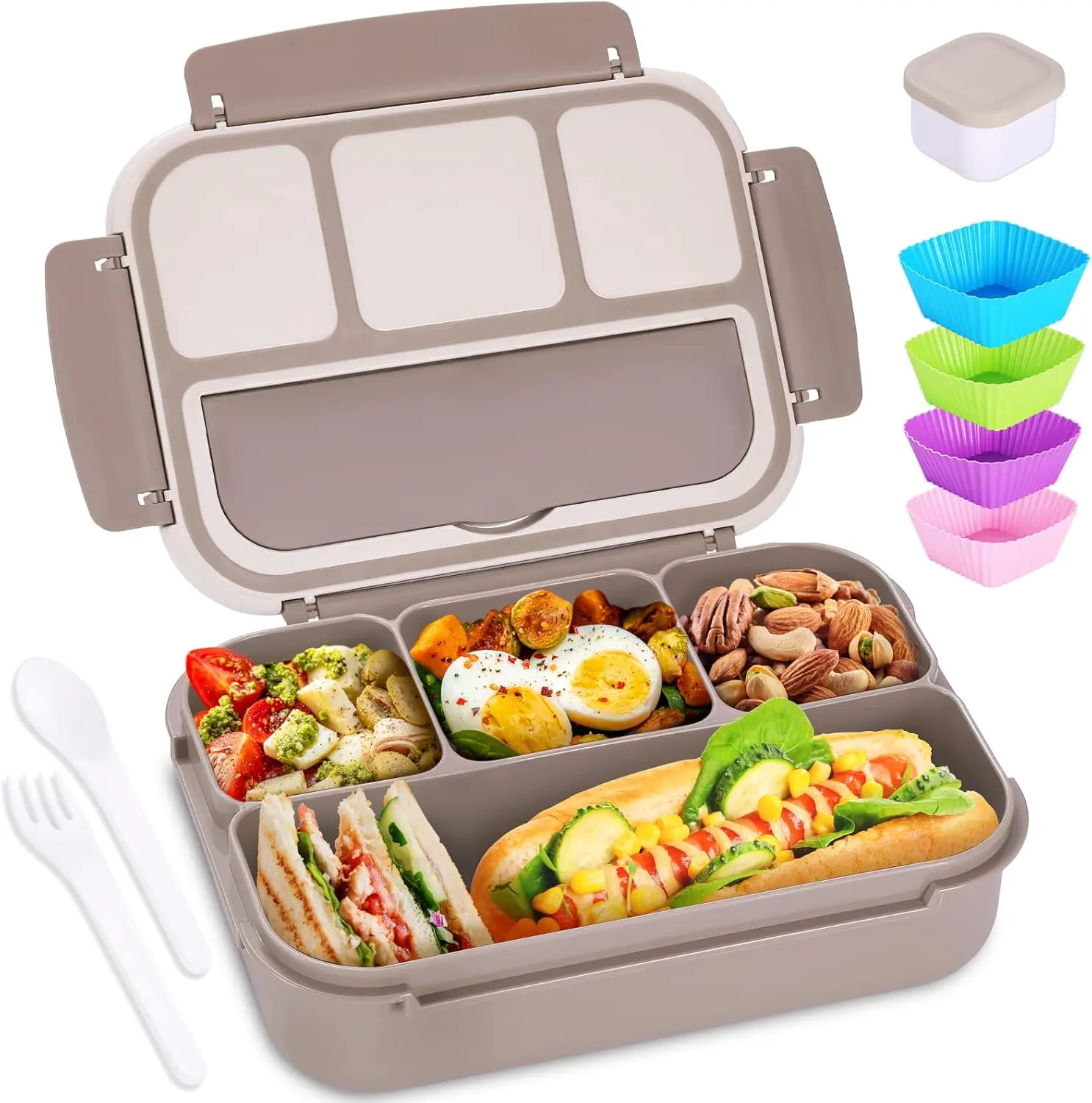 [New Deal] Microwavable Bento Box for Adults, 4-Compartment Leakproof Silicone Lunch Container with Utensils, Microwave & Dishwasher Safe, Brown Tableware Set with Jar, High-Quality Plastic Kitchenware