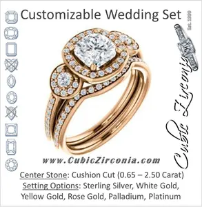 CZ Wedding Set, featuring The Téa engagement ring (Cushion Cut Customizable 3-Stone Cathedral-Halo with Accented Band)