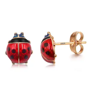 Nature-Inspired Gold Plated Ladybug Stud Earrings - Hand-Painted Enamel Finish, Lightweight, Hypoallergenic, Lucky Charm Jewelry for Women
