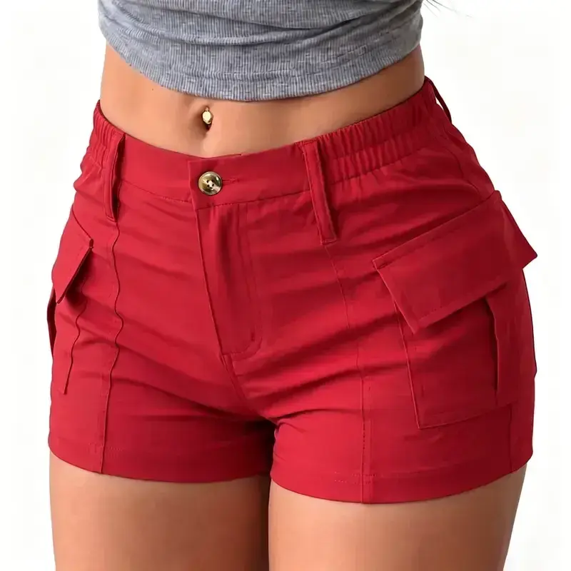 Women's High-Waisted Fashion Cargo Shorts - Comfortable Fit Casual Bottoms with Multiple Pockets, Side Patch Pockets, Elastic Waistband for Summer Hot-Girl Style, Day, Basic, Women's Clothes, Tummy Control