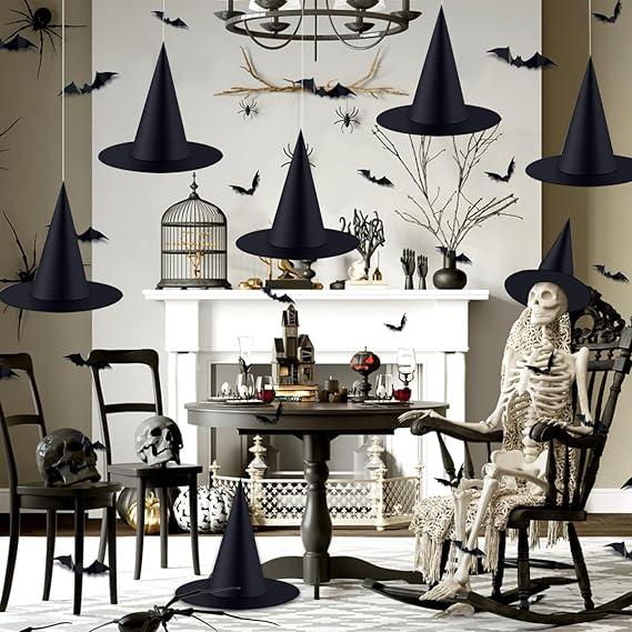 6 PCS Halloween Black Witch Hats Decoration Hanging Witch Wizard Hats Bulk with 3D Bats Wall Stickers for Halloween Party Costume Accessory Indoor Outdoor Yard Porch Decor Magical Ornaments 6 PCS Halloween Black Witch Hats Decoration Hanging Witch Wizard Hats Bulk with 3D Bats Wall Stickers for Halloween Party Costume Accessory Indoor Outdoor Yard Porch Decor Magical Ornaments