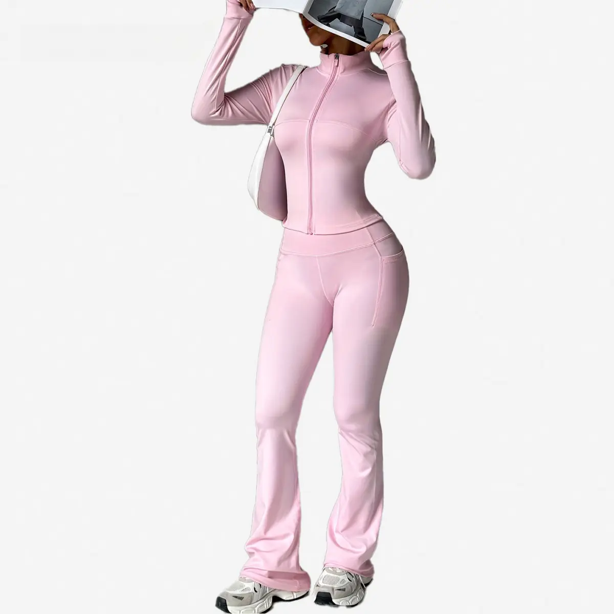 Women’s 2-Piece Athleisure Sweatsuit Set, Zip-Up Track Jacket with Thumb Hole Sleeves, High Waist Flare Training Pants, Quick Dry 4-Way Stretch, Tummy Control Streetwear Sportswear, Yoga Set, Streetwear Tracksuit Set