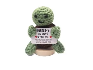 Collectible Dolls, Positive Crochet Animals, Crochet Turtle, Inspirational Gifts for Love Ones. Includes Clear Gift Box and Wooden Stand.