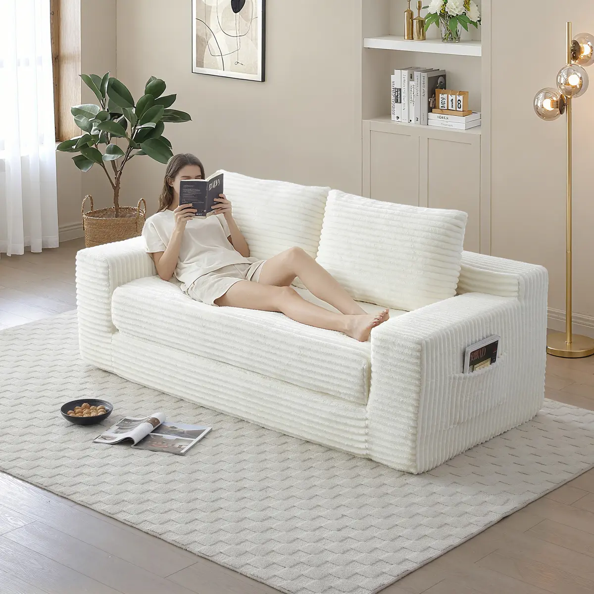 Convertible Folding Sofa Bed, Corduroy Loveseat Sleeper Couch with Foldable Mattress, Floor Lounge Couch with 2 Pockets, Comfy Fold Out Lounge Bed for Living Room, Bedroom, Guest Room, Beige