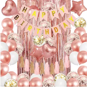 Rose Gold Party Kit with Confetti Balloons, Banner, Tassels & Fringe Curtains for Milestone Events