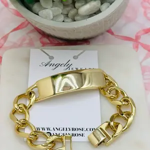 B0402 Men's Cuban Link Bracelet 13mm 8 Inch 14K Gold Laminated Stainless Steel Water-Resistant Fashion Jewelry