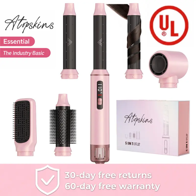 ATOPSKINS 5-in-1 LiteStyle Ultra-Lightweight Hot Air Brush Hair Styling Tool - Portable, Low-Speed, Heatless Design, Handle Attachment, High-Temp Plastic Parts, 30-Day Warranty - Beauty Product for Coarse & Thick Hair heatless curl,techvibes